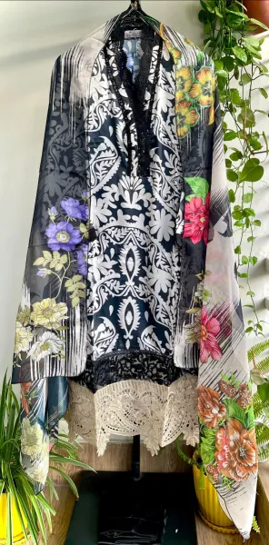 Pakistani Original Rangoon Silk Stitched 3 Pcs _ Black & White 